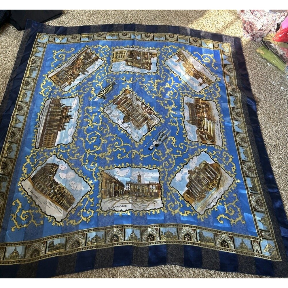 Vintage Roma Souvenir Scarf 39”x39” Pretty Scenery Italy Landmarks Blue
